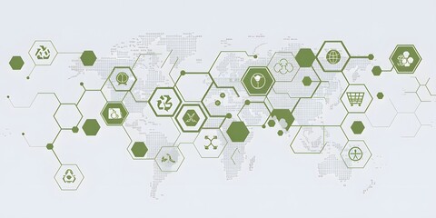 Global Network Green Hexagon Technology Innovation Sustainable Development Corporate Social Responsibility Environmental Protection Digital Business Strategy Modern Futuristic Design Abstract         