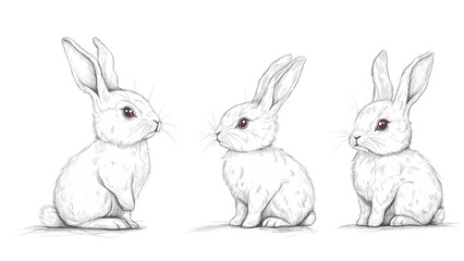 Obraz premium three white rabbits drawn in a simple yet expressive style. The rabbits are portrayed in different poses, each capturing a unique charm and innocence. The artwork is minimalist.
