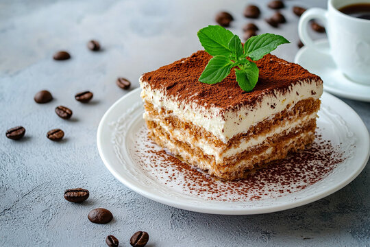 Delicious Classic Tiramisu Dessert on concrete table. Generative AI