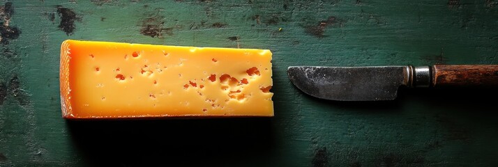 Aromatic Block of Cheese with a Vintage Knife