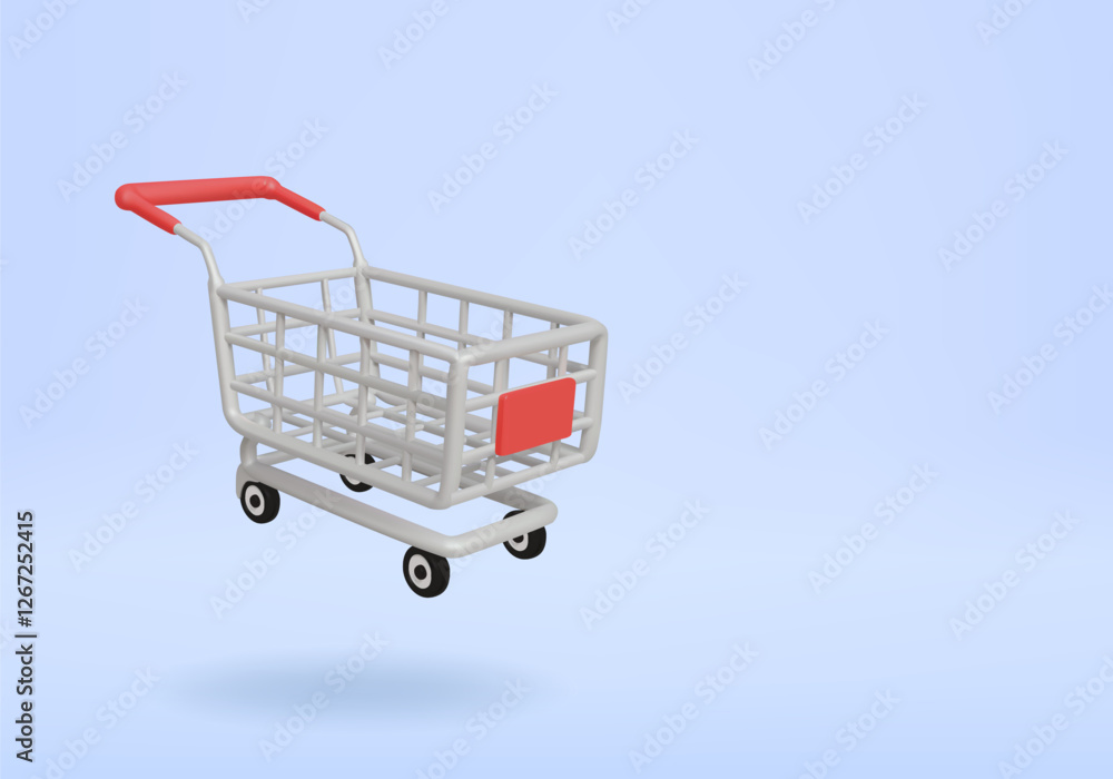 Poster 3d vector render of shopping cart icon floating on minimal blue background for ecommerce business, o