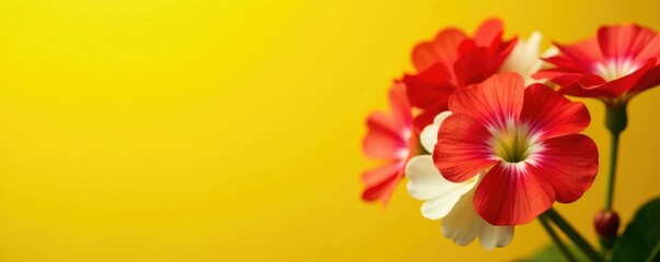 Obraz premium Detail of yellow background with red and white pelargonium flowers, background, macro, yellow