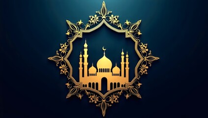 Golden Mosque with Intricate Design on Dark Blue Background for Islamic and Ramadan Celebrations, Ornate and Elegant