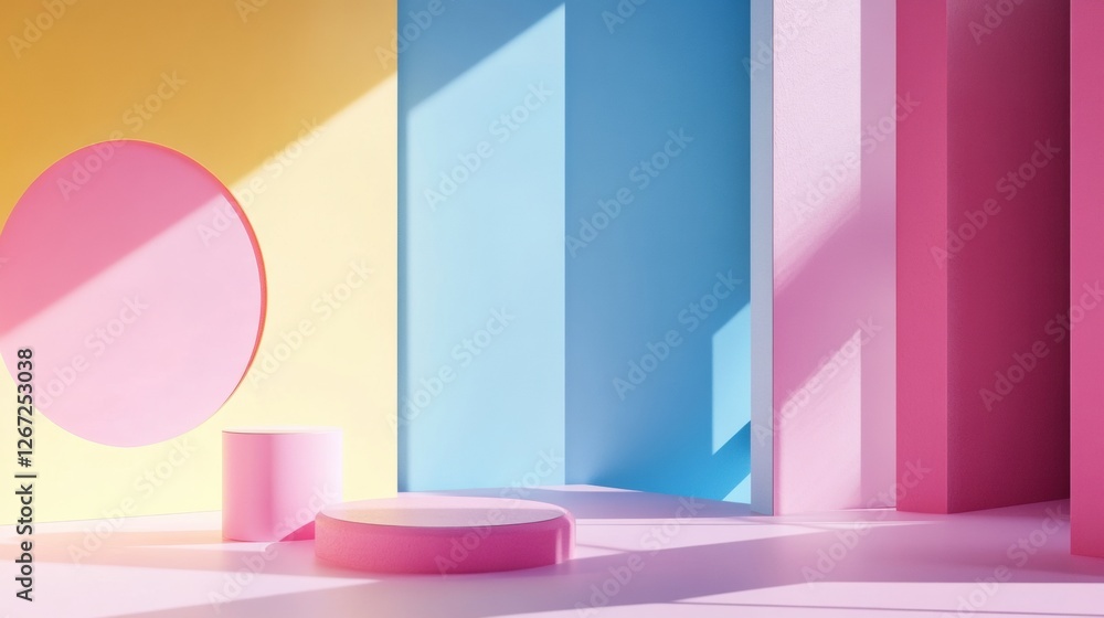Aufkleber Colorful interior featuring geometric shapes and vibrant lighting in a modern design setup for creative projects. Generative AI