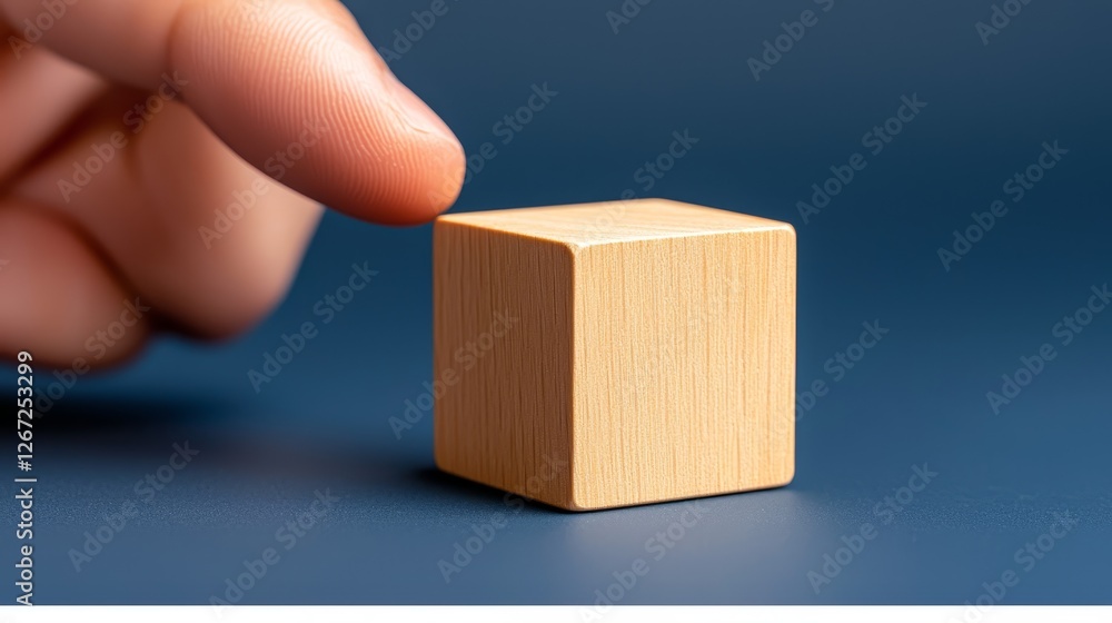 Poster closeup hand completing small wooden cube puzzle with the final block