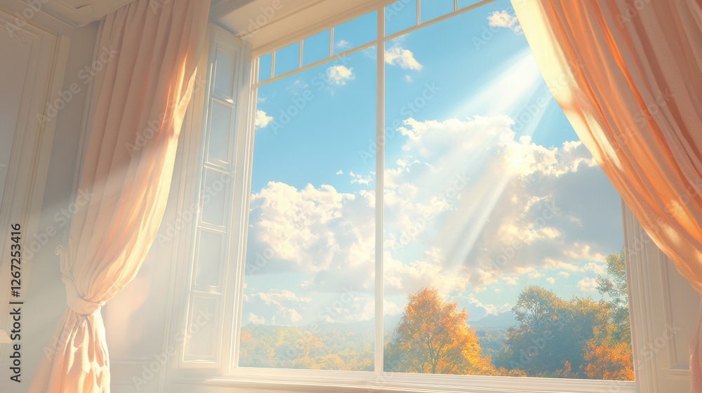 Poster sunlight streaming through a window tranquil room calm environment indoor view serenity reflection