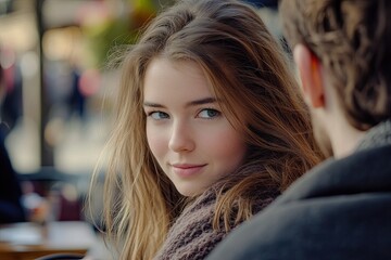 Obraz premium A young woman twirls her hair, listening attentively to her companion. She is interested and attracted to the man she likes.