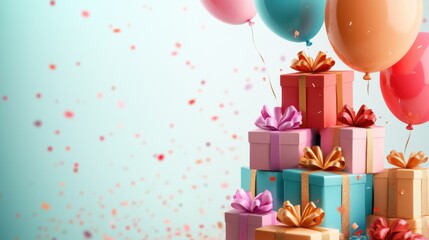 Colorful Celebration: A Festive Arrangement of Balloons and Gift Boxes for a Joyful Occasion