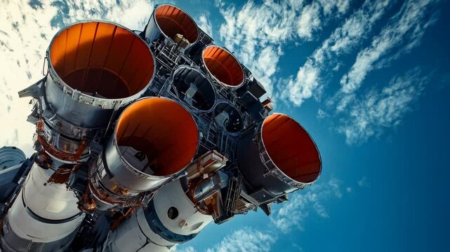Rocket engine close-up shows powerful thrust capabilities and engineering details at launch site