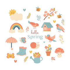 Spring set of cute birds, flowers and decorations. Poster, card, scrapbooking, sticker kit.flowers, butterflies, bees, a rainbow, and other seasonal elements.