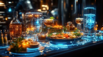 a sci-fi environment with a traditional Irish feast table, sparkling with holographic food and drinks