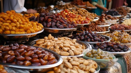 A vibrant showcase of traditional Arabic treats entices visitors with a variety of dates, nuts, and sweets in an inviting market atmosphere. Rich flavors and colors celebrate culinary heritage
