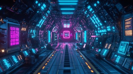 Fototapeta premium Futuristic corridor with glowing neon lights and digital displays in a science fiction setting