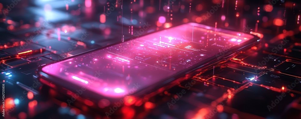 Poster futuristic smartphone interface: neon glow and digital data streams