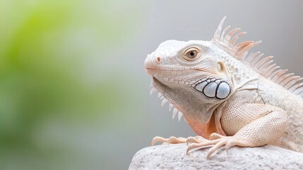 Obraz premium Albino iguana on rock, garden background, reptile pet