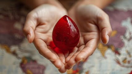 Blood Donation Day Concept with Hands Holding Blood Drop  
