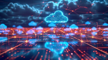 Abstract digital background with glowing lines and a cloud icon.
