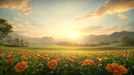Golden hour sunset over field of vibrant flowers colorful countryside landscape
