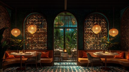 Fototapeta premium Elegant restaurant interior with garden view, night setting, ideal for hospitality use