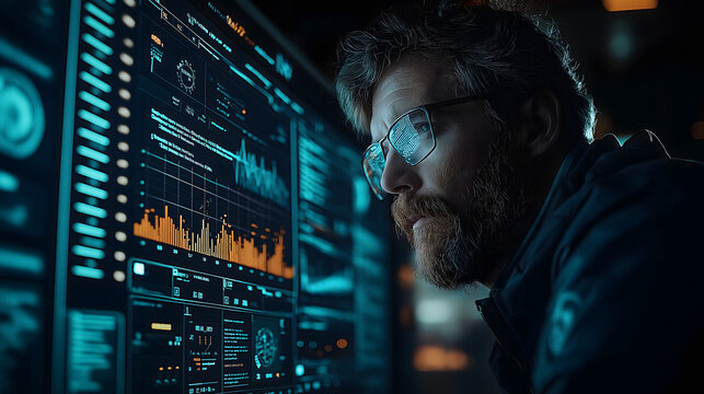 Un analista con gafas observa atentamente una pantalla con datos y gr&aacute;ficos en un entorno tecnol&oacute;gico. La iluminaci&oacute;n azul crea una atm&oacute;sfera futurista y de alta tecnolog&iacute;a.