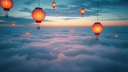 Fototapeta premium Ethereal lanterns suspended above the clouds cast a dreamy glow on the landscape below, serene, misty