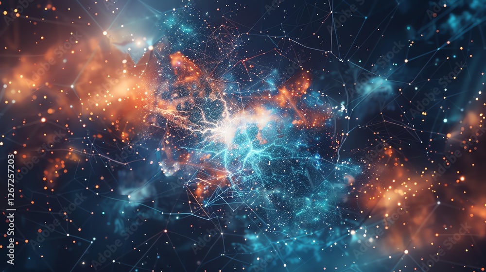 Poster abstract digital artwork with glowing lines and particles.
