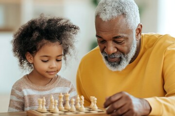 African American grandfather plays chess with his little granddaughter at home. Concept: Relationships between generations, traditions, family, useful habits