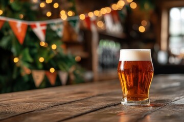 A glass of Welsh Ale on wooden table in an old welsh pub, garlands of national flags bihind, copy space for text. Concept St. David's Day, traditional drinks