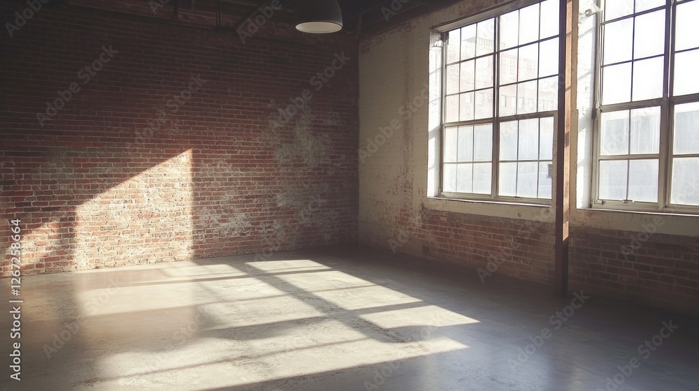 Poster warm sunlight streams through large windows of an urban loft, casting intricate shadows on the polis