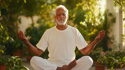 Grey-haired Indian man meditates in the garden, sits in lotus position with eyes closed. Concept active longevity, carefree life, retirement, hobby, slow life