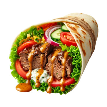 Delicious beef shawarma roll with sauces and vegetables salads isolated on transparent background 