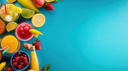 Vibrant Tropical Fruit Juices and Fresh Fruits on Turquoise Background for Healthy Lifestyle