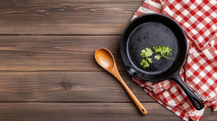Rustic kitchen scene with cast iron skillet wooden spoon and checkered cloth on wooden table