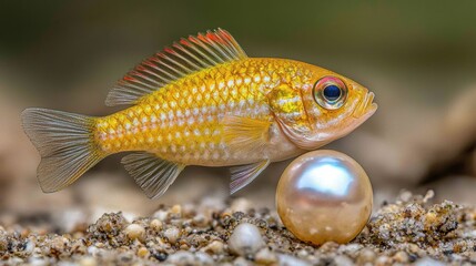 Golden fish discovering a pearl on the ocean floor underwater macro photography marine environment close-up view