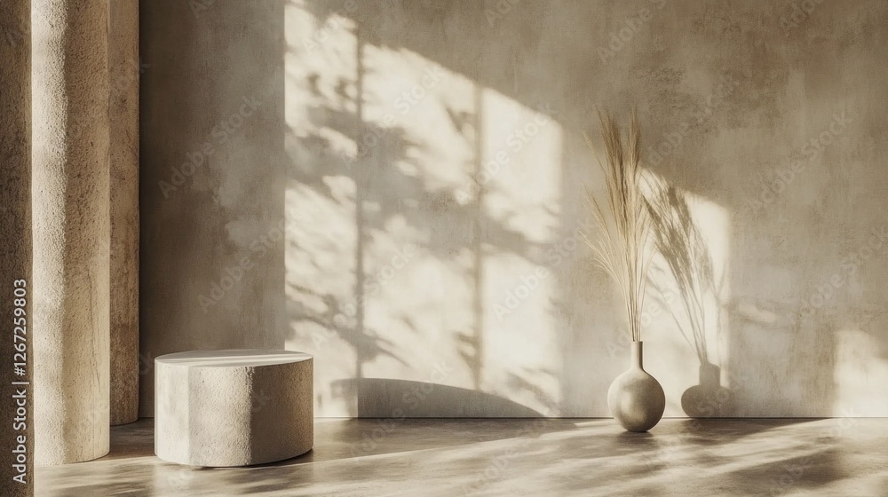 Poster Warm sunlight filters through a window, creating captivating shadows on a textured wall. A simple vase holds dried plants, enhancing the tranquil, minimalist atmosphere