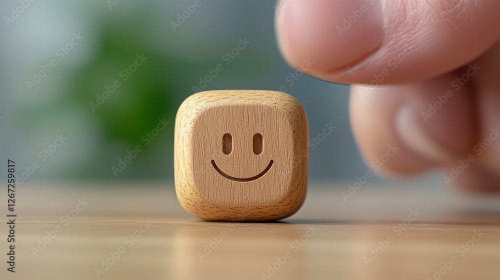 Aufkleber smiling wooden cube cheerful block with happy face for playful expression