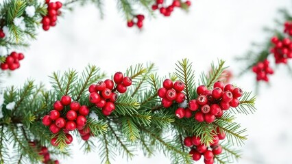 Fir branches with red berries against a snowy white background, holiday decoration, christmas decorations