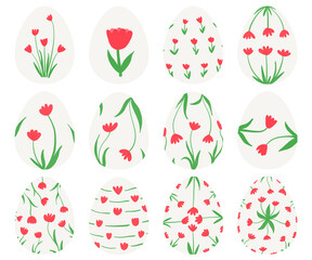 Easter Eggs Set with 12 Floral Tulip Spring Decorative Hand-Drawn Painted Patterns illustration - PNG clipart cutout transparent isolated