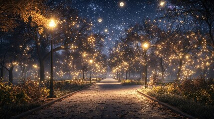 Magical autumn night park path, glowing lights, starry sky, romantic stroll