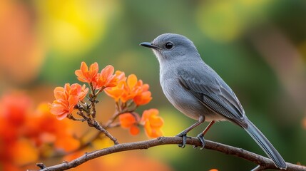 Fototapeta premium Grey bird perched on orange flowers, garden bokeh background; nature, wildlife, spring