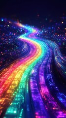 Fototapeta premium Futuristic data streams form a vibrant rainbow in a cybernetic world, Abstract, Innovative, Eye-catching