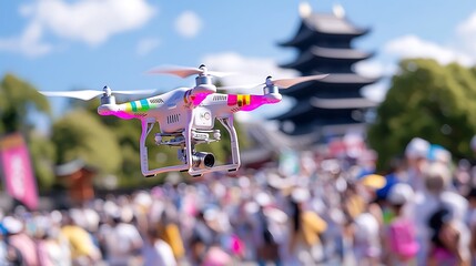 Delivery Drone Carrying Package Above Crowd Near Traditional Building Against Bright Cloudy Sky During Day