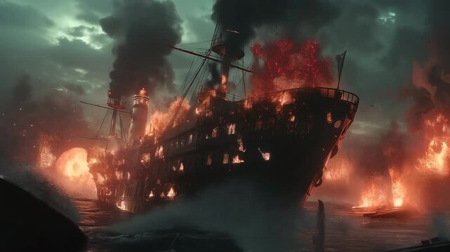Dramatic ship on fire amidst dark clouds and turbulent waters during chaotic maritime disaster