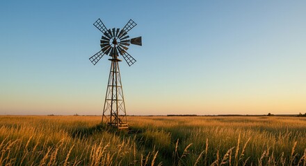 Windmill Stands Tall in Golden Field at Sunset with Clear Blue Sky
