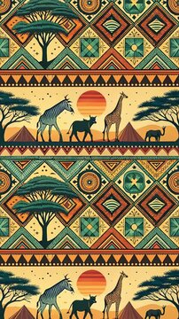African Ornament. Bright seamless Looping-Background in a flat, graphic style depicting an African savannah landscape with ethnic elements. Stylized trees, giraffe, antelope and decorative geometric 