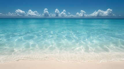 Obraz premium Crystal clear turquoise waters lapping gently on a sandy beach under a bright blue sky