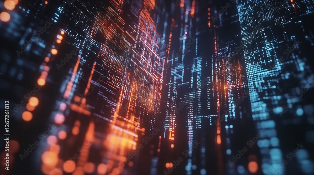 Poster abstract digital data stream orange blue technology background futuristic network code lines digital