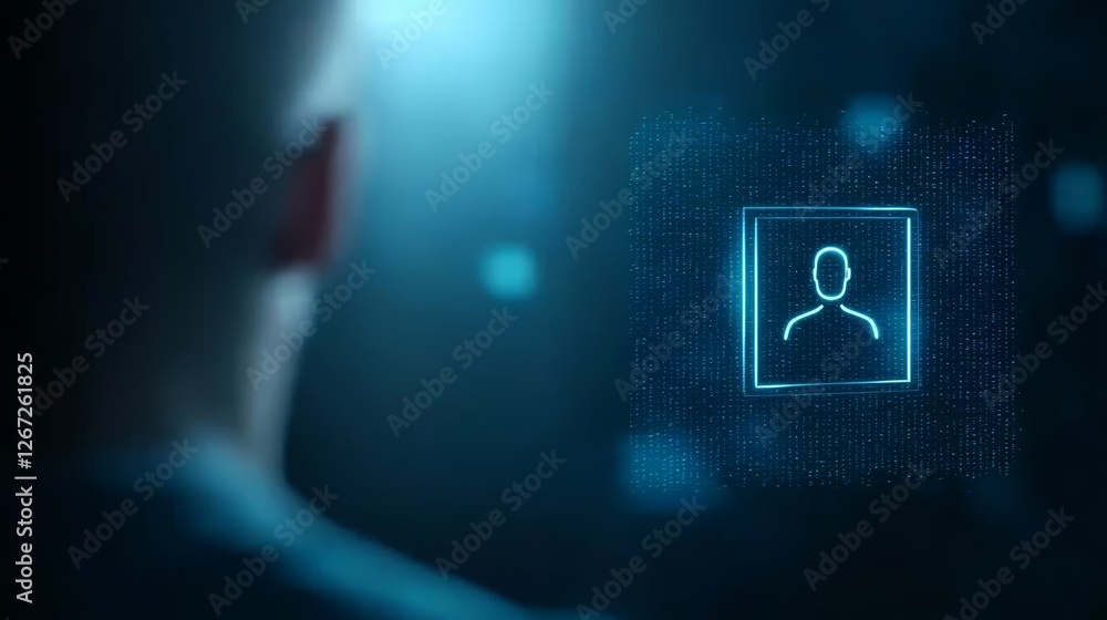 Aufkleber man exploring glowing icon on futuristic digital screen interface