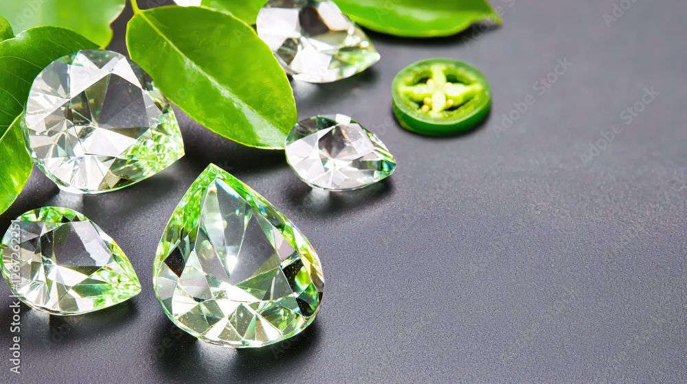 Aufkleber sparkling gems and fresh green leaves on a smooth surface creating a serene still life