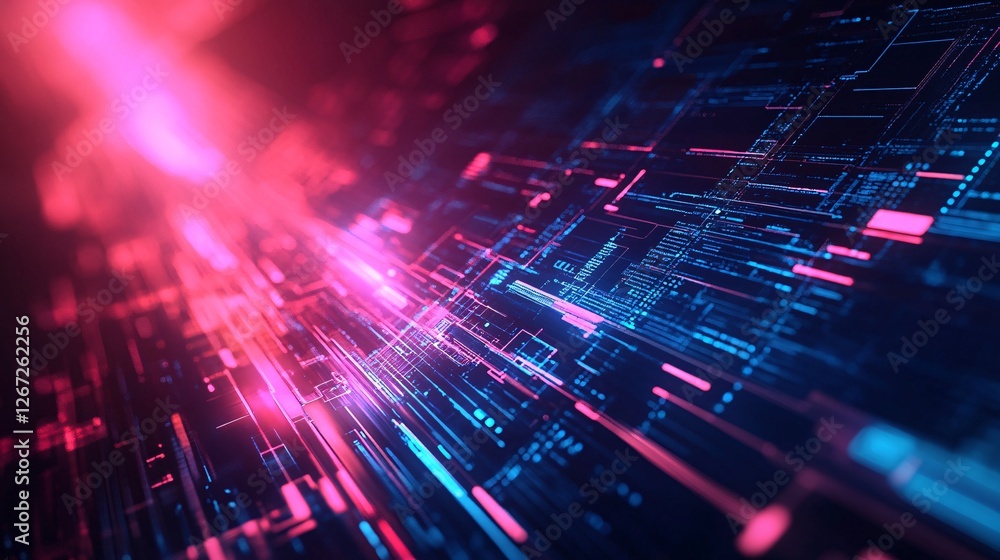 Poster abstract digital technology background pink blue futuristic neon lines network data stream code high